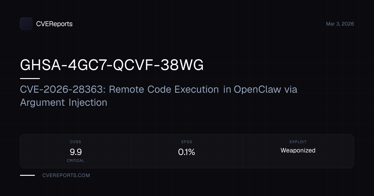 GHSA-4GC7-QCVF-38WG: CVE-2026-28363: Remote Code Execution in OpenClaw ...